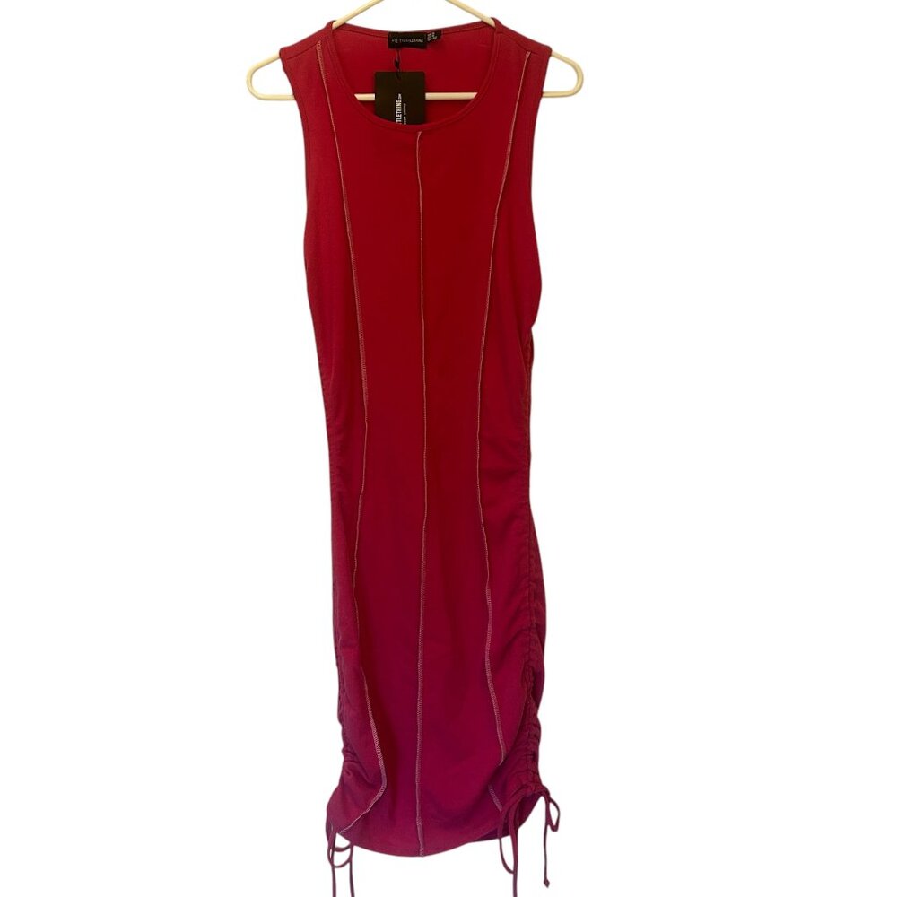 NWT PrettyLittleThing Shape pink overlock stitch ruched-side bodycon dress sz 10